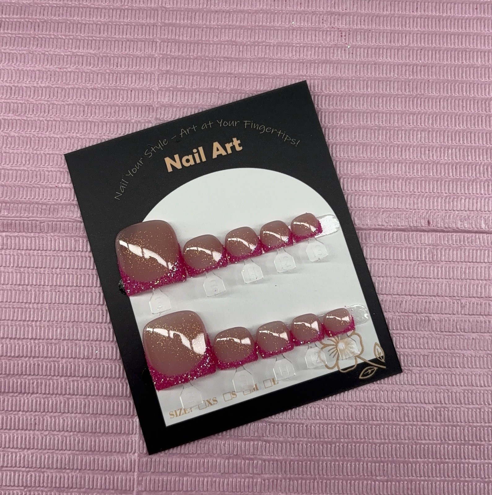 press on toenails pink glitter french tips nude handmade custom builder gel