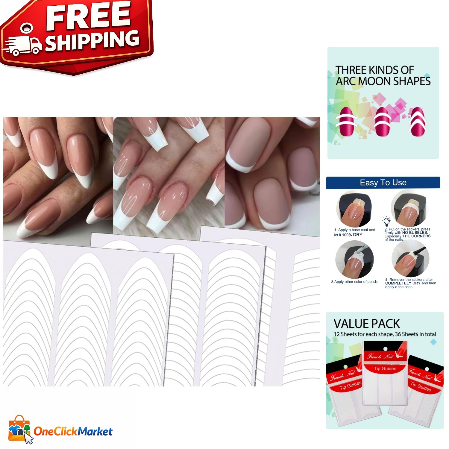 1368 Piece French Manicure Nail Sticker Set – 3 Stylish Self-Adhesive Designs