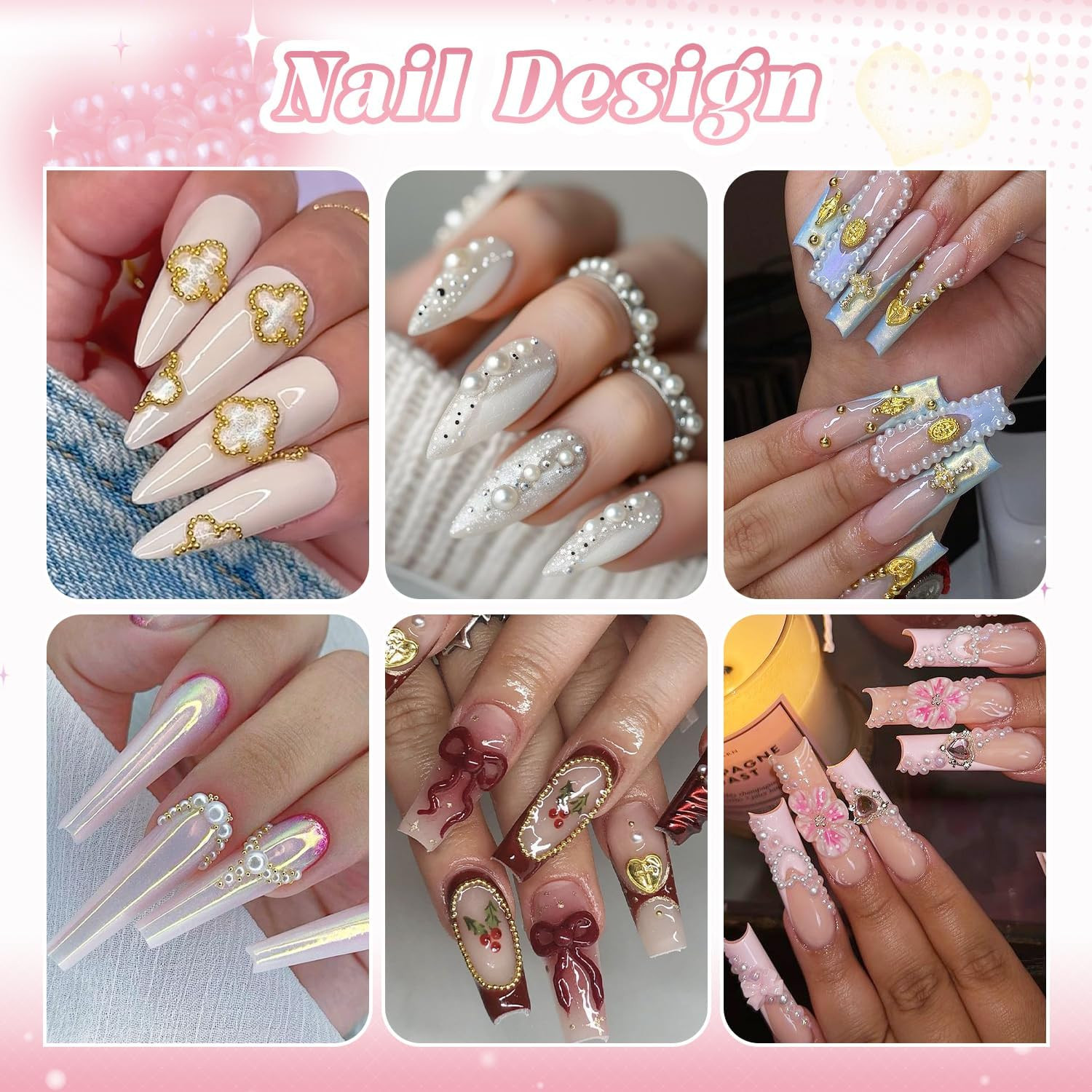 2 Boxes Flatback Pearls (White+Beige) and Silver+Gold Nail Beads for Nail Art wi