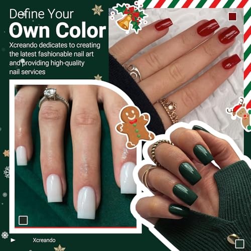 Dark Green Nails Press ons, Press on Nails Medium Square Glue on glossy green