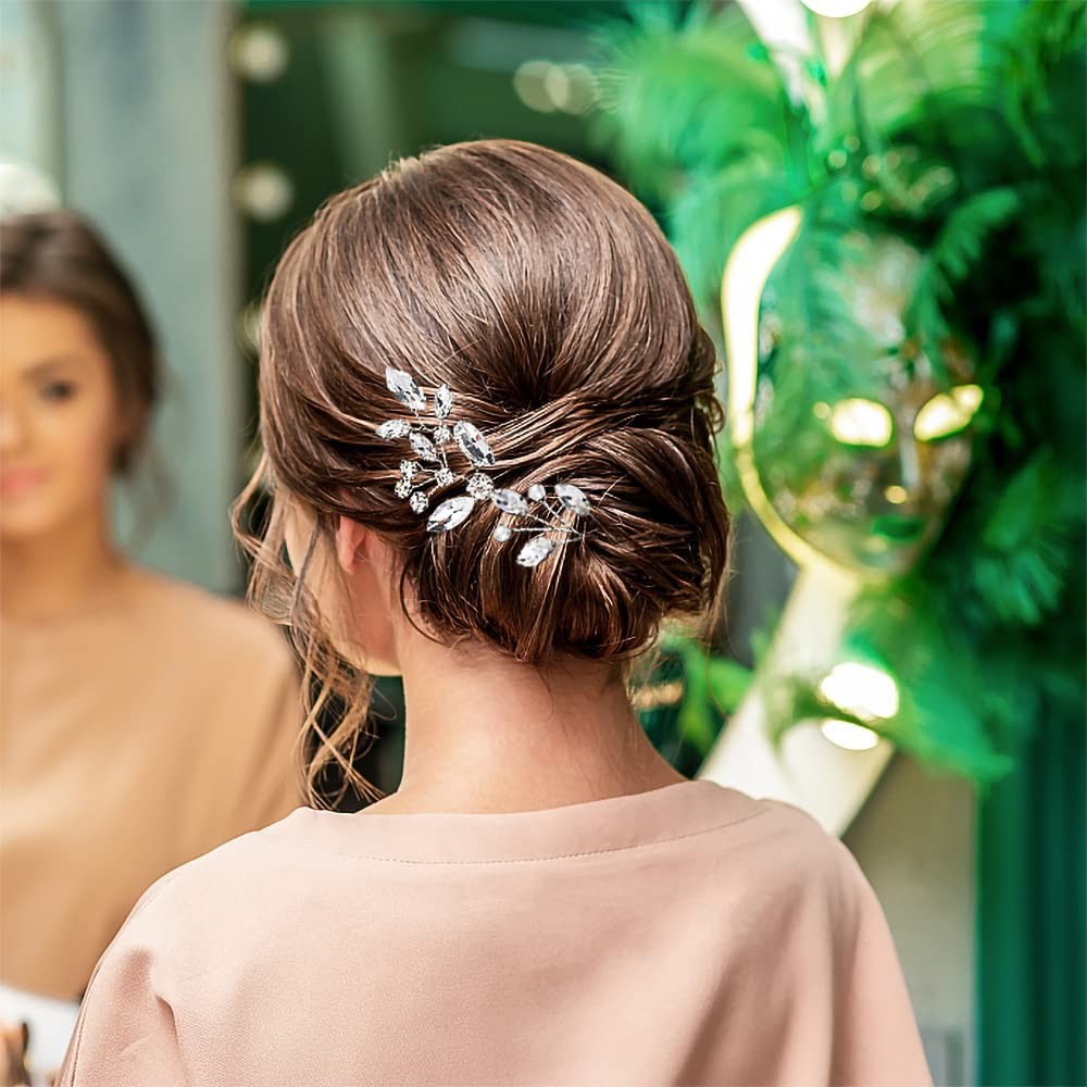 6 Pieces Bride Hair Pins Rhinestones Accessories for Women Silver