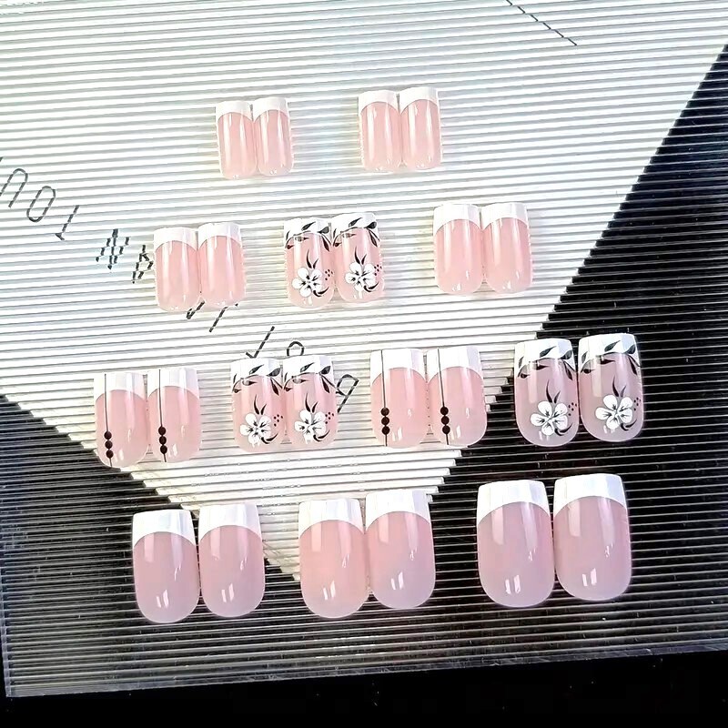 24 Fake Nails Y2K French Flower Press On Style Stipe Glam Manicure Sexy Vacation