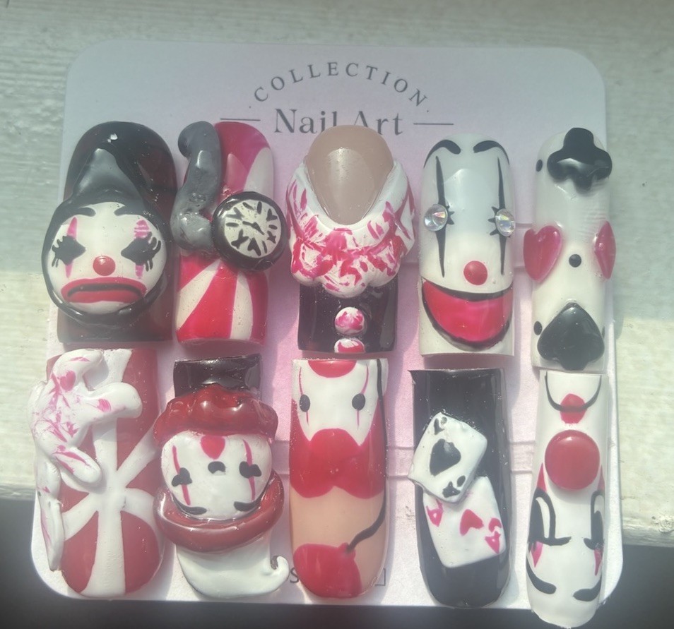 Nail Art Collection Clown Theme 3D Press-On Nails Red White Black Long Square