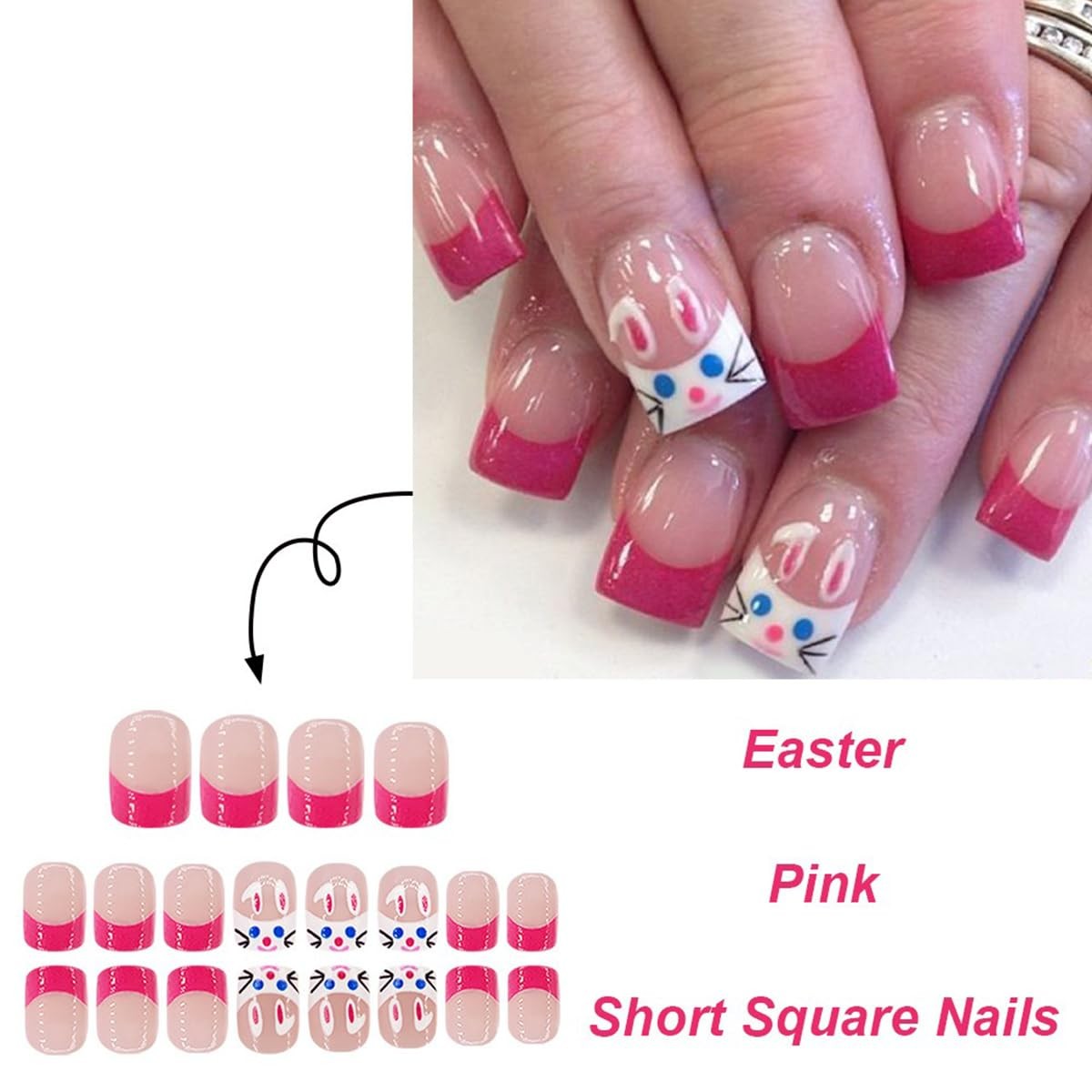 Easter French Tip Press on Nails Short Square Fake Nails Pink Acrylic Nail Ti…