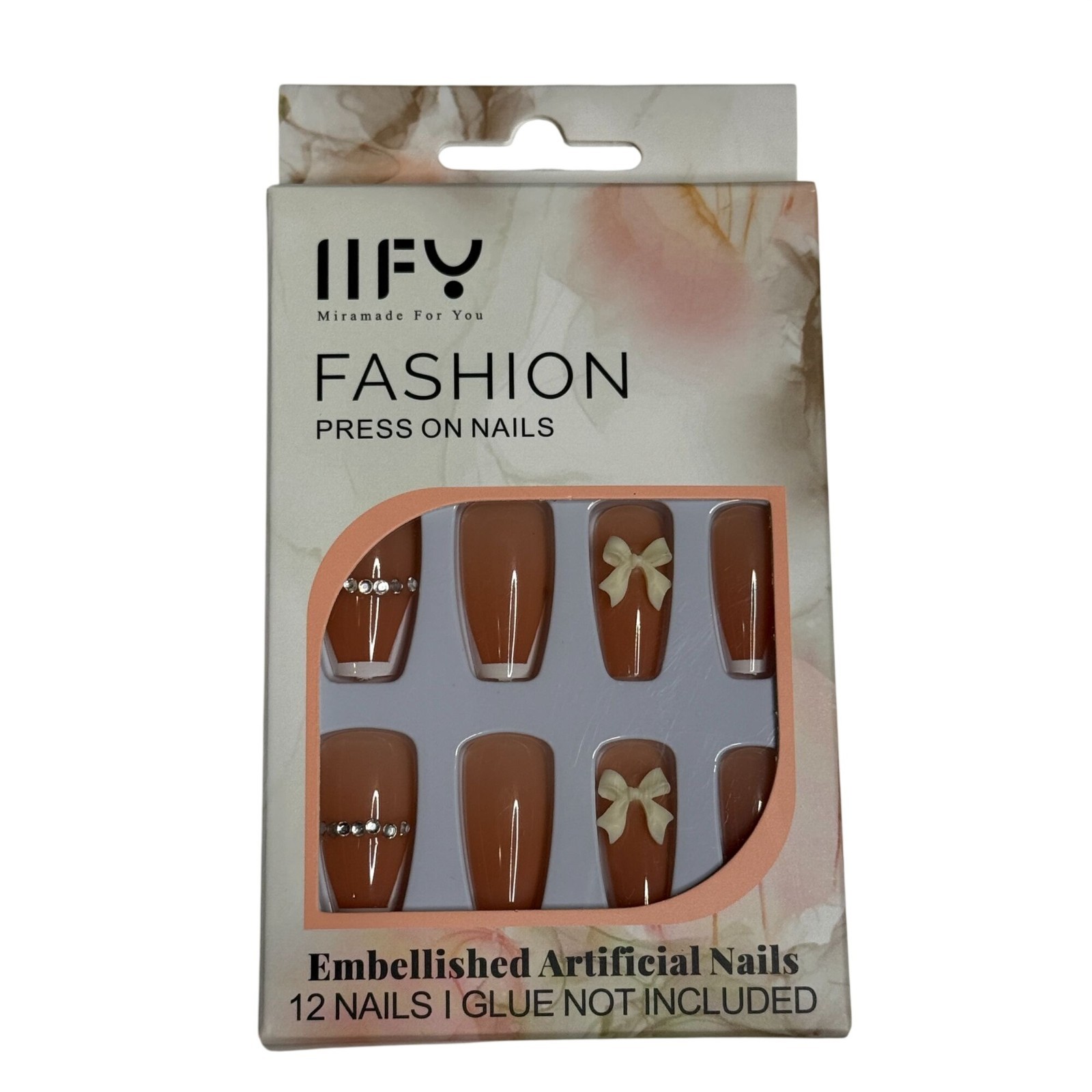 Press On Nails Nude Bow Rhinestone French Tip 12pc Cute Short Acrylic Style