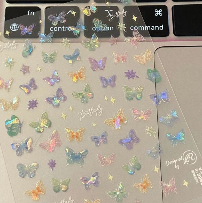 2Pcs Butterfly Nail Art Stickers Decals 5D Embossed Colorful Aurora Star NS54
