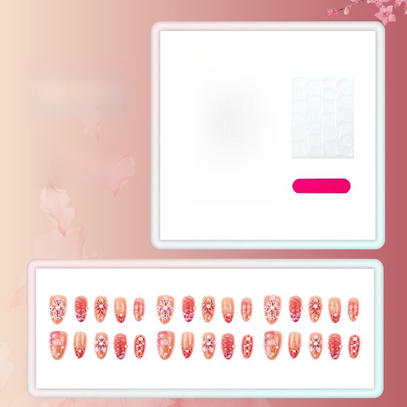 Press on Nail – Pink Cherry Blossoms, Medium To Long Almond Nails, 30 Piece Set