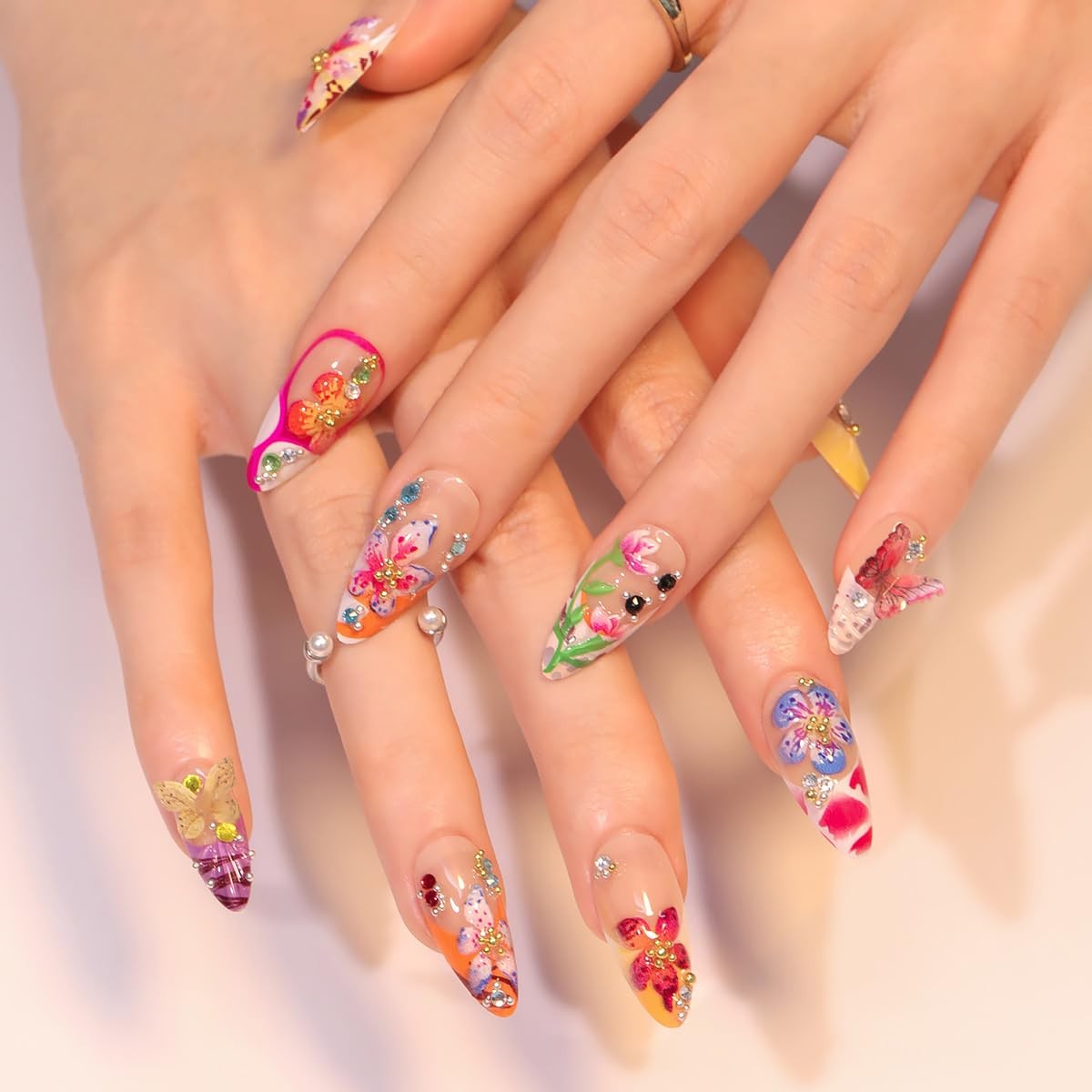 24Pcs Colorful Flower Press on Nails Medium Almond Almond, color