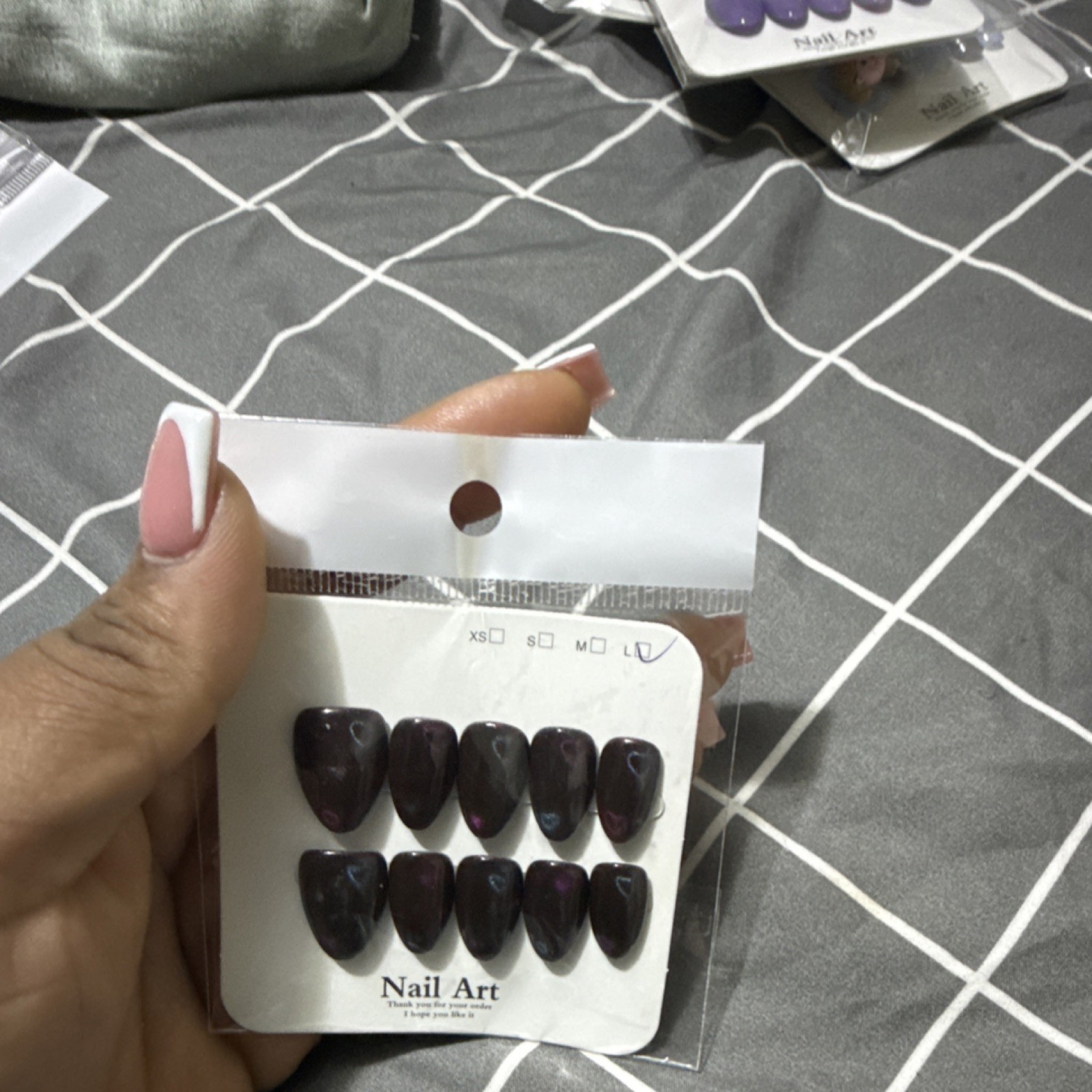 Nail Art Dark Purple Shiny Almond Press-On Nails Large Full Cover Pre-Designed