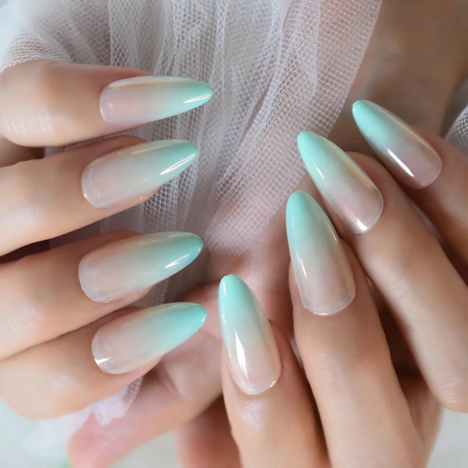 24 Ombre Mint Green Press On Nails w/ Glue Nude pointed almond stiletto ethereal