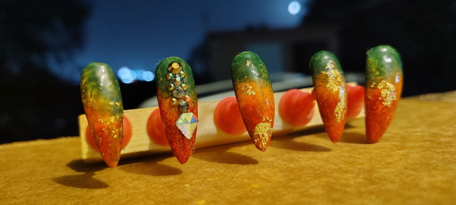 KFN ​Press On Nails| Rasta Ombre Almond Gel Glass Finish Gold Swarovski Design