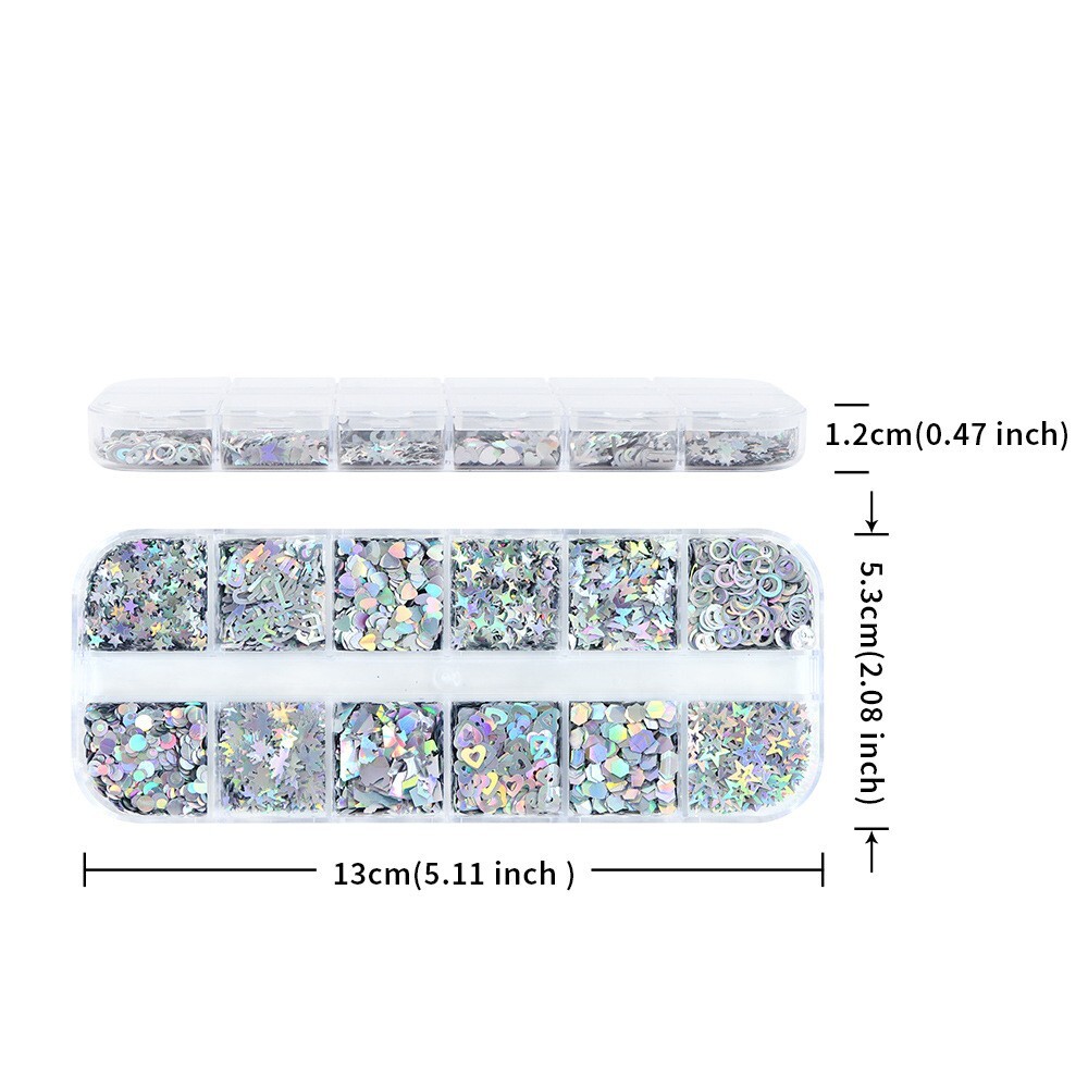 12 Grids Mixed Nail Art Sequins Laser Silver Love Star Glitter Flakes For DIY
