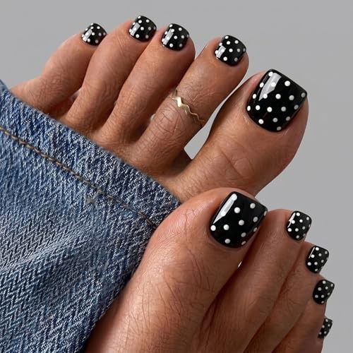 Polka Dot Press On Toenails Black Toe Nail Press Ons Summer Glossy toenais-6