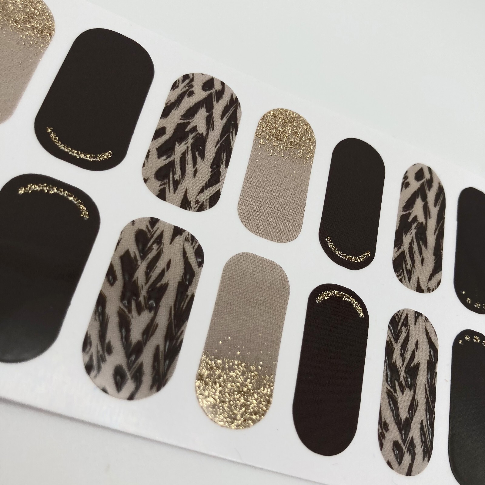 Beige and Black Animal Print Nail Stickers With Gold Glitter, Home Manicure