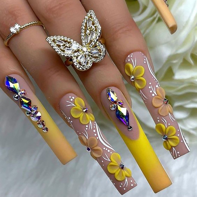 Nude To Yellow Ombre Coffin Press on Nails with 3D Flowers & Rainbow Rhinestones