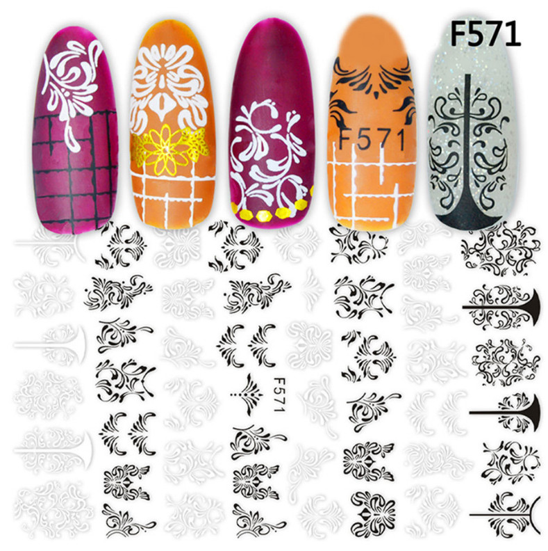 White & Black Geometric Leaves 3D Nail Stickers Adhesive Decals Flower DIY NS14
