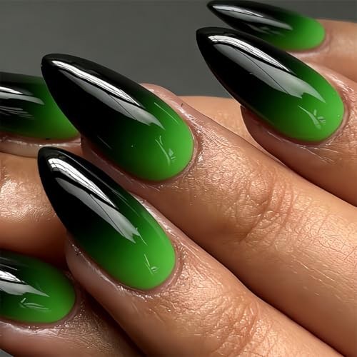 Green Black Gradient Press on Nails Glossy Medium Almond Fake Nails style12