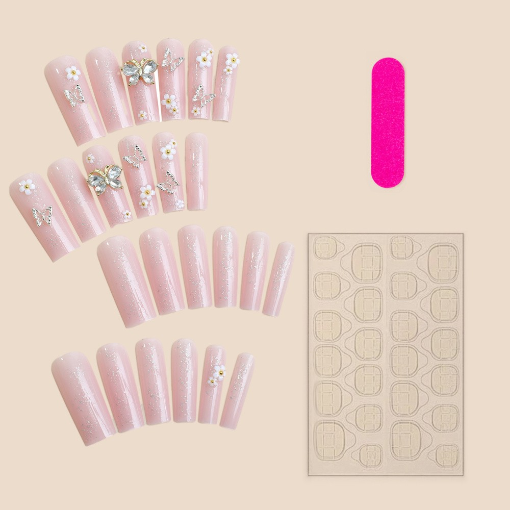 24pcs Women Long Press on Nail 3D Butterfly Flower Charm Resin Artificial Nail