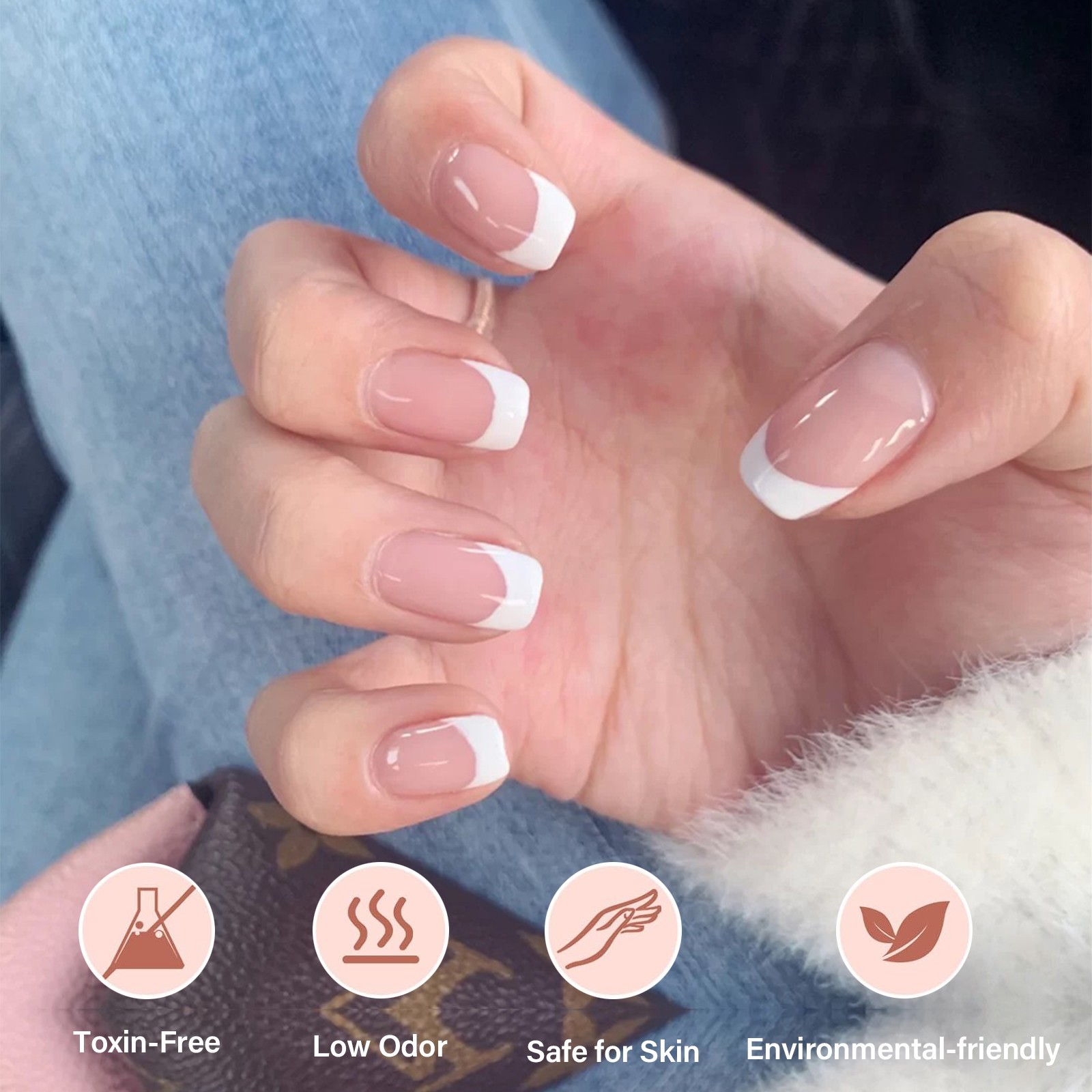Short Square French Tip Press-On Nails, Nude Fake Nails with Full Prep Kit