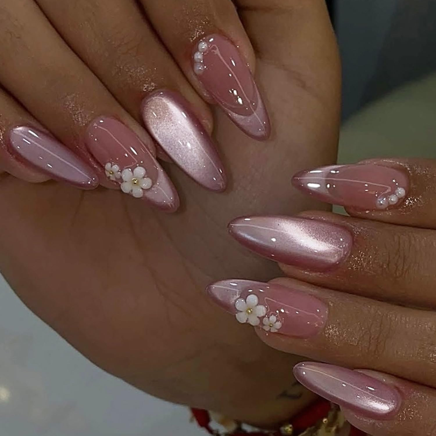 Almond Press on Nails Medium Fake Nails Flower Pearls with Glitter Design French