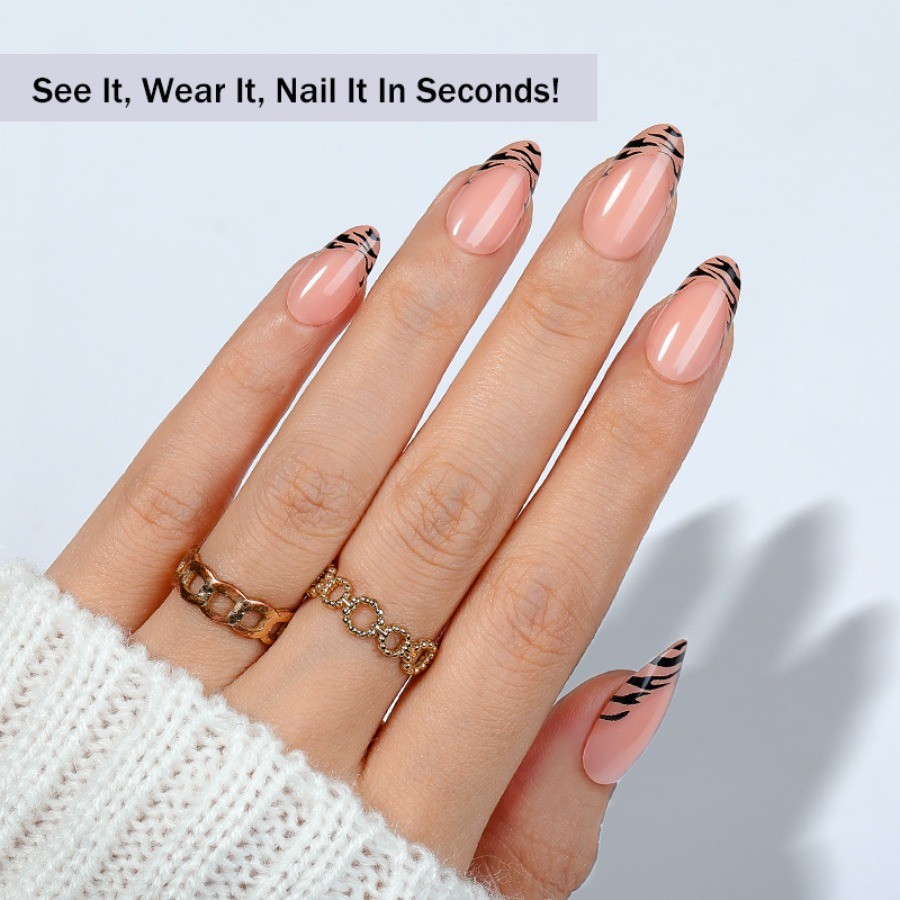 64pcs-Press on Nails Nude Almond Zebra Print French Tip Daily Wear Short Tips