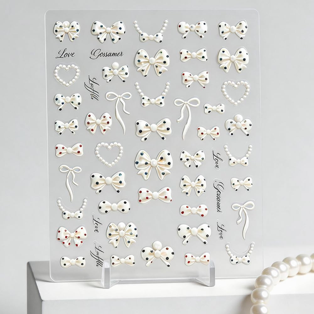 5D Embossed Polka Dot Bow Nail Stickers Shell Light Cute Heart Bow Nail Decals F