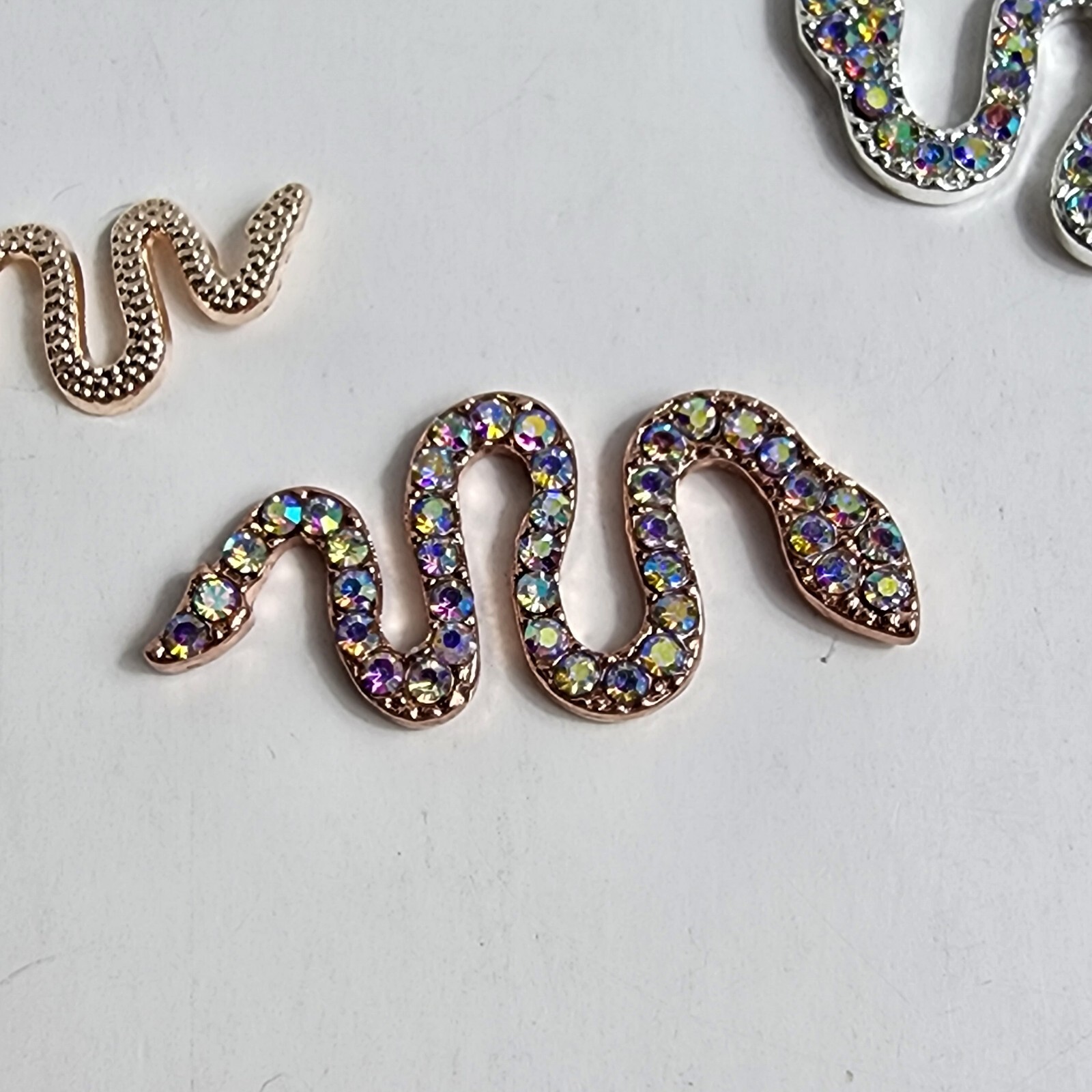 24 3D Metal Snake Nail Art Charms Gold Silver Black Snake Rhinestone Gems Decor