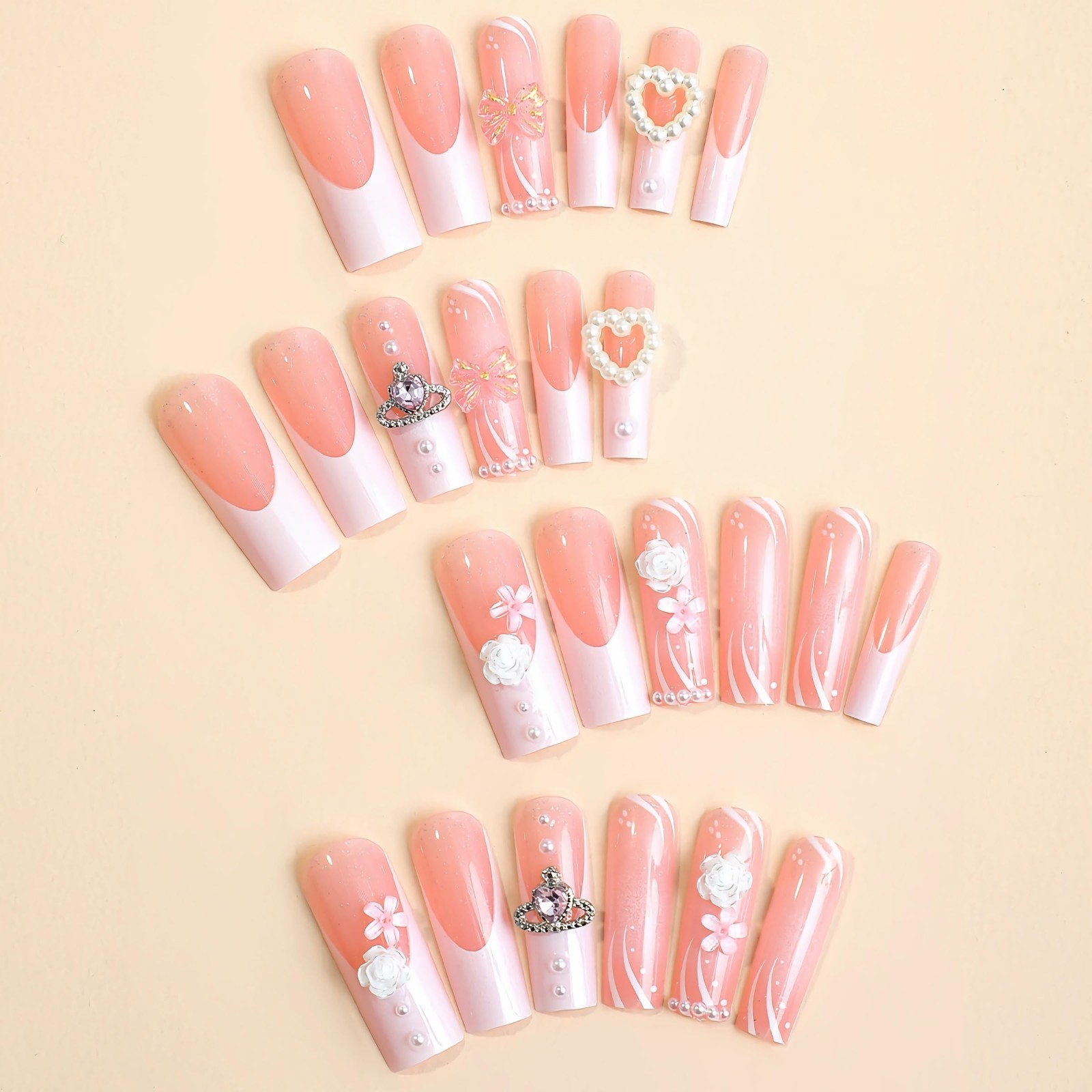 Pink White French Tip Press On Nails, 3D Flower Bow Rhinestone Glitter Design
