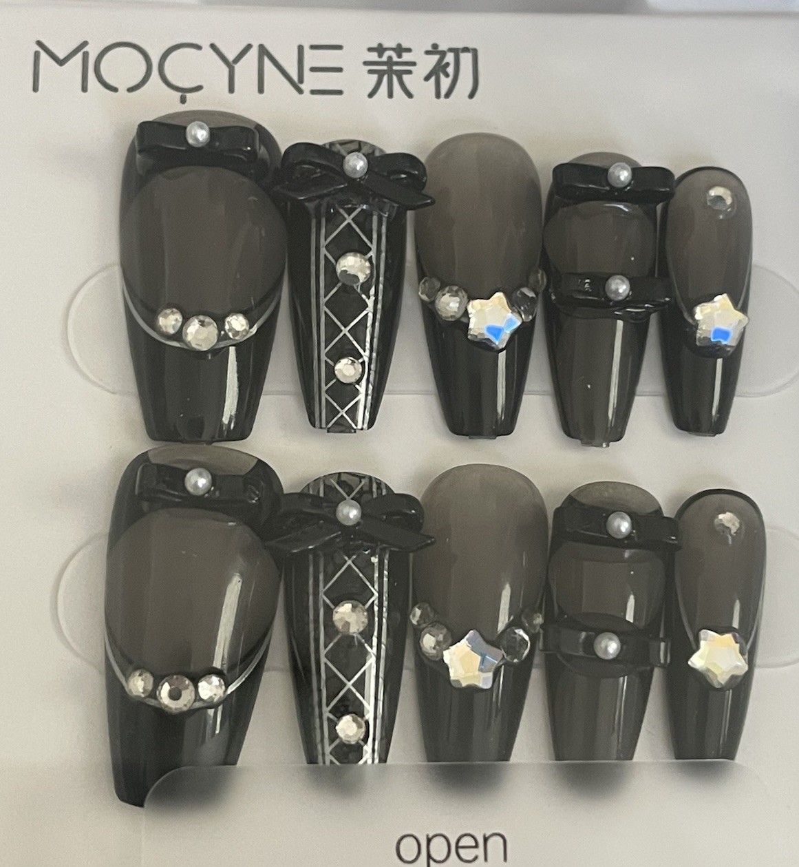 12 MOCYNE Long Nail Sets – Rose Crystals – Black Tuxedo Stars – Silver Hearts