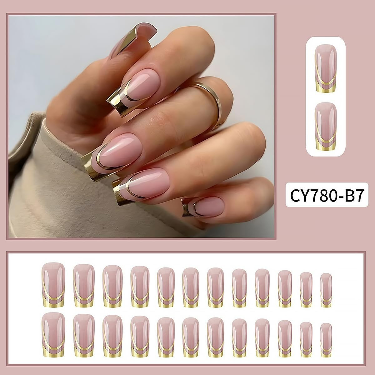 Exquisite 24pc Medium Square Press on Nails – Gilded French Tips and Accessories