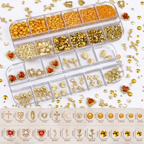 Gold Nail Charms Kit, CDCRX 8 Boxes 3D Nail Art Decorations with Gold Studs,