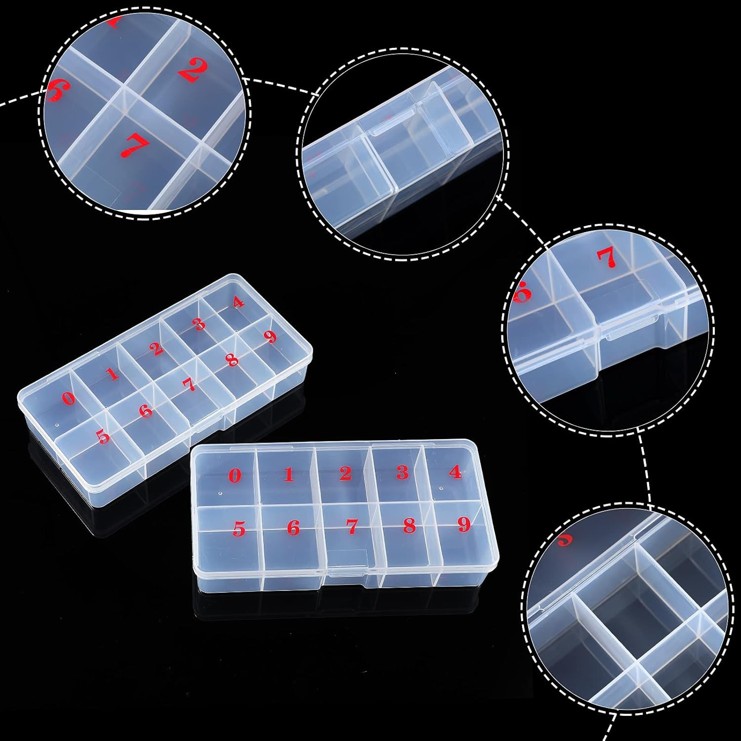 2 Pieces Nail Tip Box Empty False Nail Tips Organizer Box with 10 Number Spaces