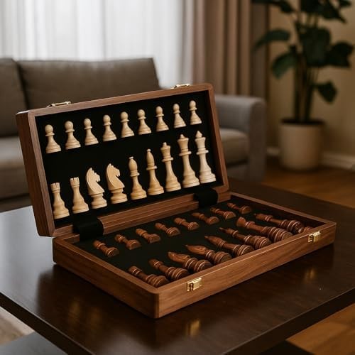 15” Walnut Chess Set with Storage Board for Adults & Children, 2 Players