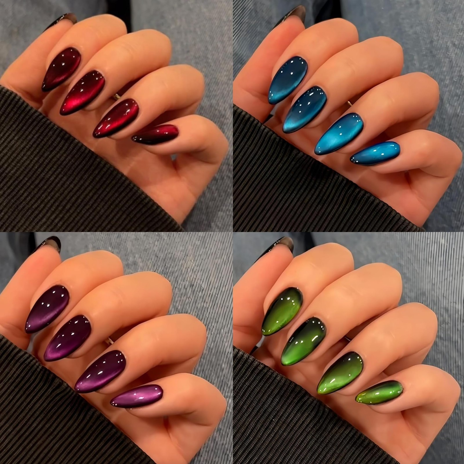 4 Packs Press On Nails Almond, Cat Eye Press On Nails Medium Stiletto, Dark F…