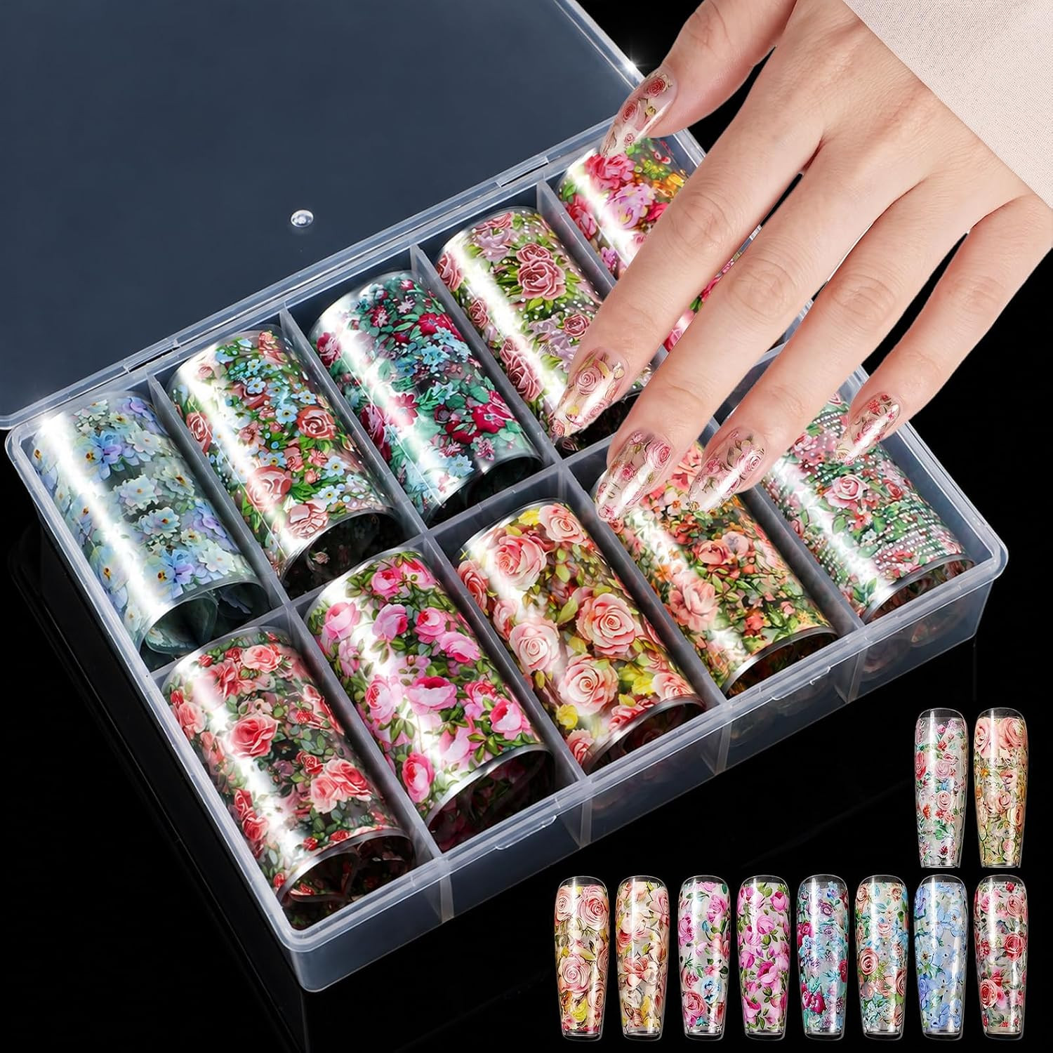 10 Rolls Flower Nail Foil Transfer Sheets Stickers, Nail Art Supplies | Spring F