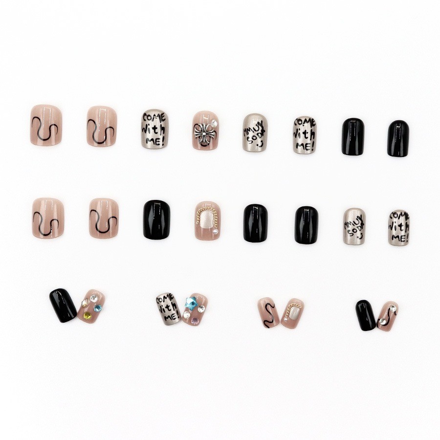 48Pcs Letter Rhinestone Press on Nails,Short Square Black Nude Trendy Fake Nails