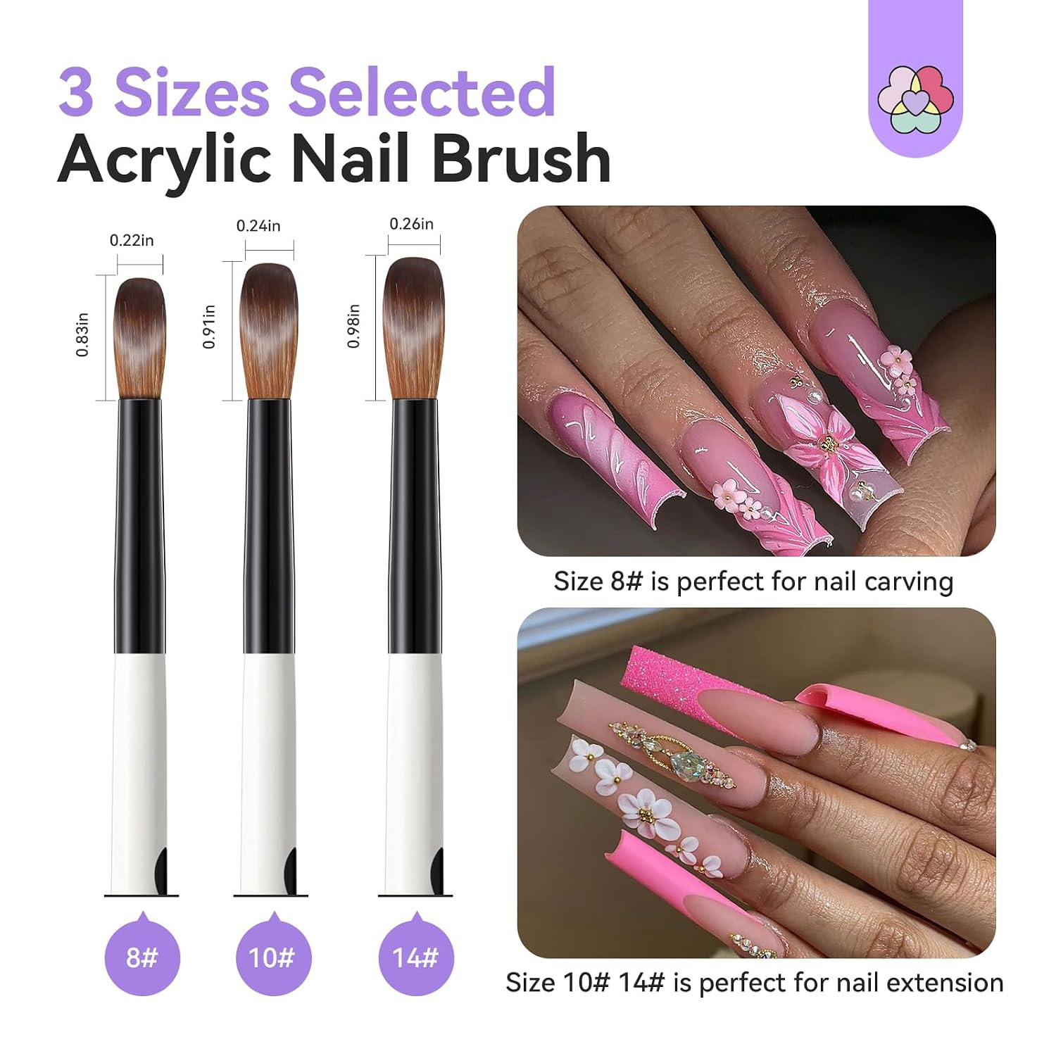 Saviland 3Pcs Acrylic Nail Brush Set, Size 8/10/14 Kolinsky Acrylic Nail Brushes