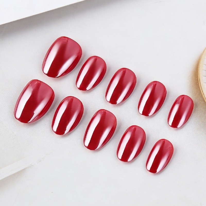 32Pieces Glossy Red Short Oval Press On Nail Easy To Wear And Remove False Nail