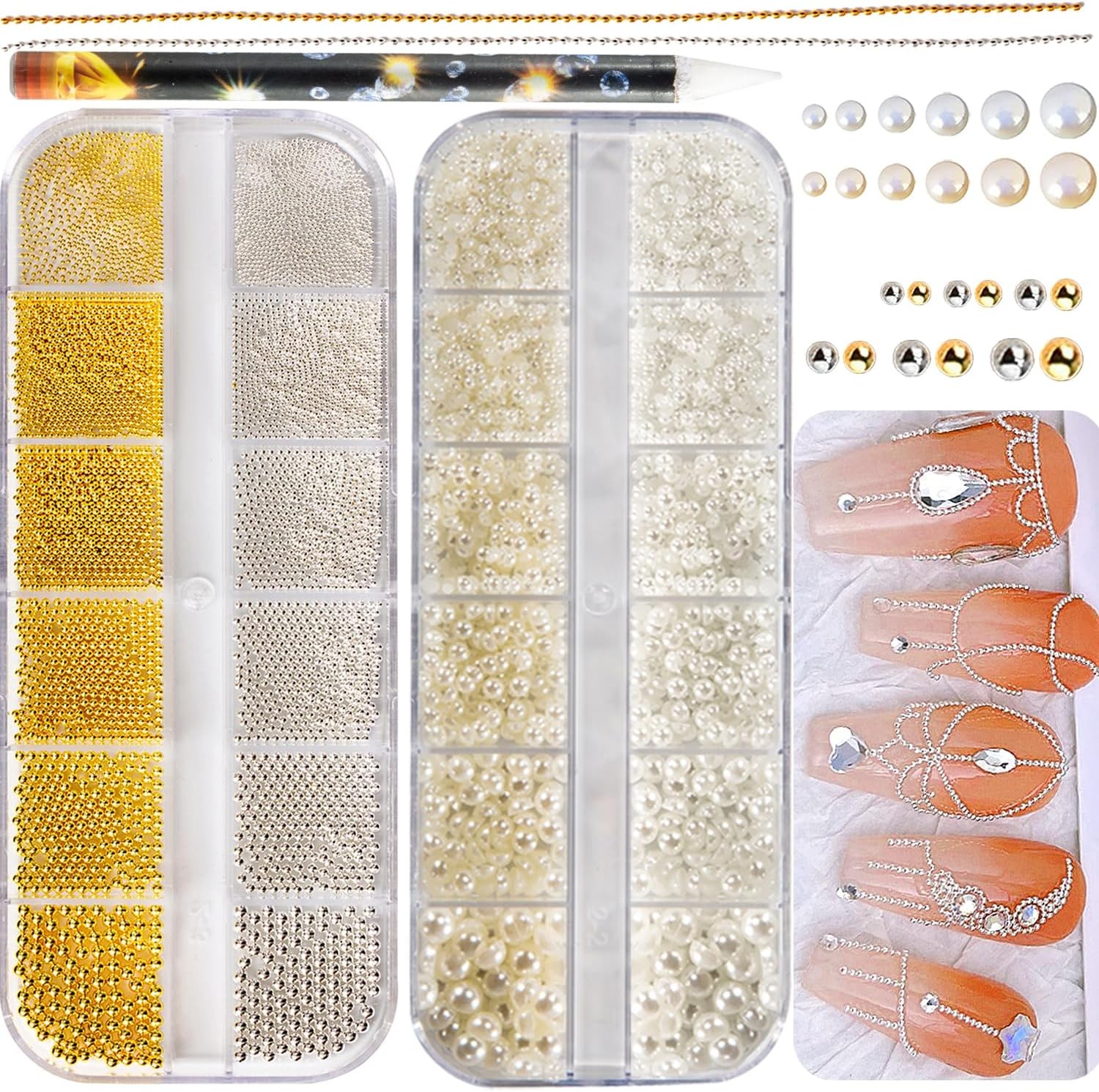 Gold and Silver Nail Art Charms Kit with Caviar Beads Flatback Pearls and Chain