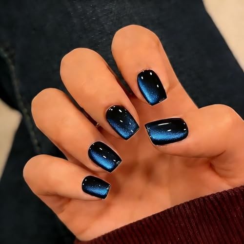 Cat Eye Press On Nails Short, 30 Pcs Glitter Black Baby Blue black sapphire