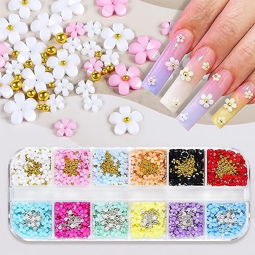 12 Grid 3D Flowers Nail Charms Acrylic Colorful Flowers Nail Art Rhinestones