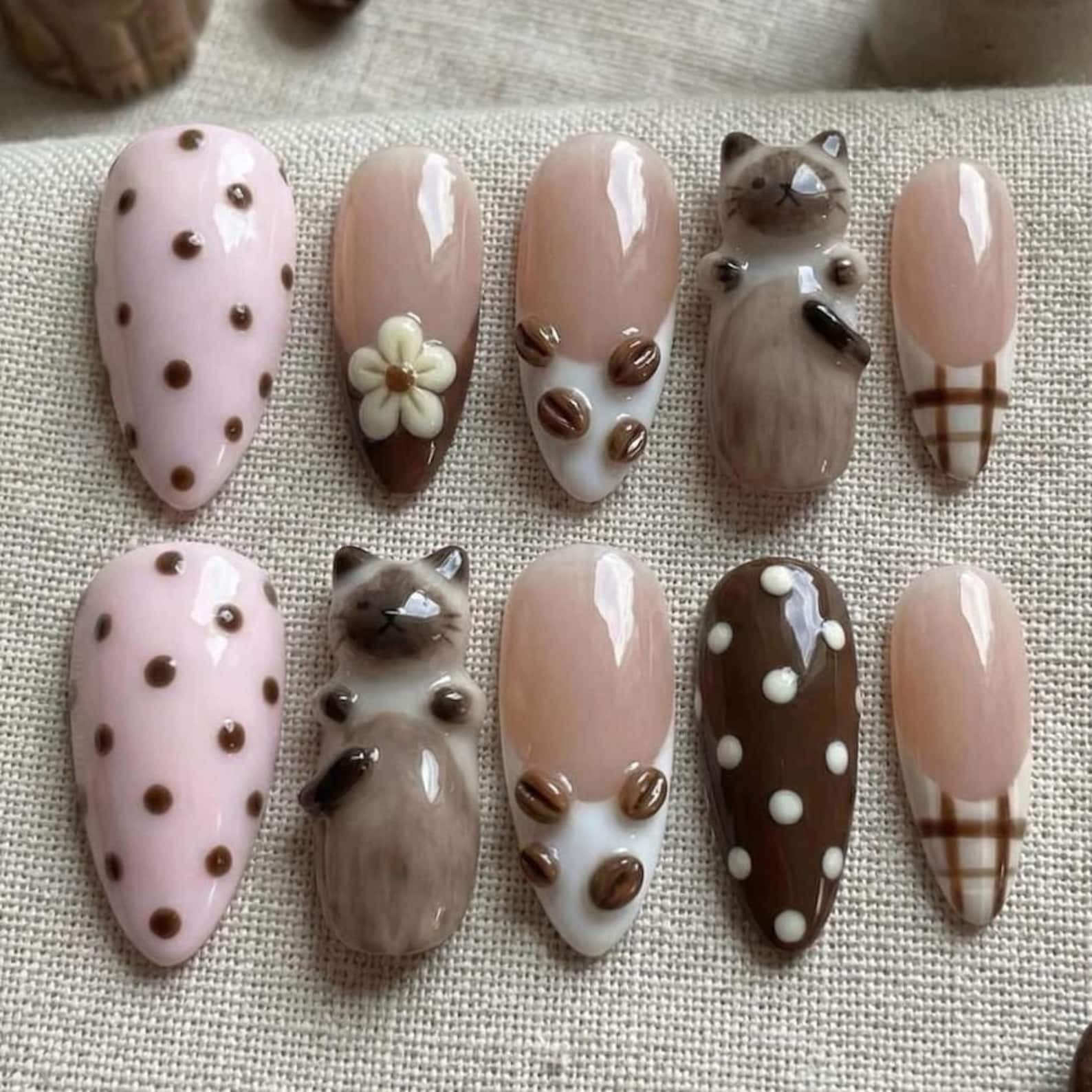 Handmade Pink Brown 3D Siamese Cat Coffee Bean Medium Almond Press on Nails Set