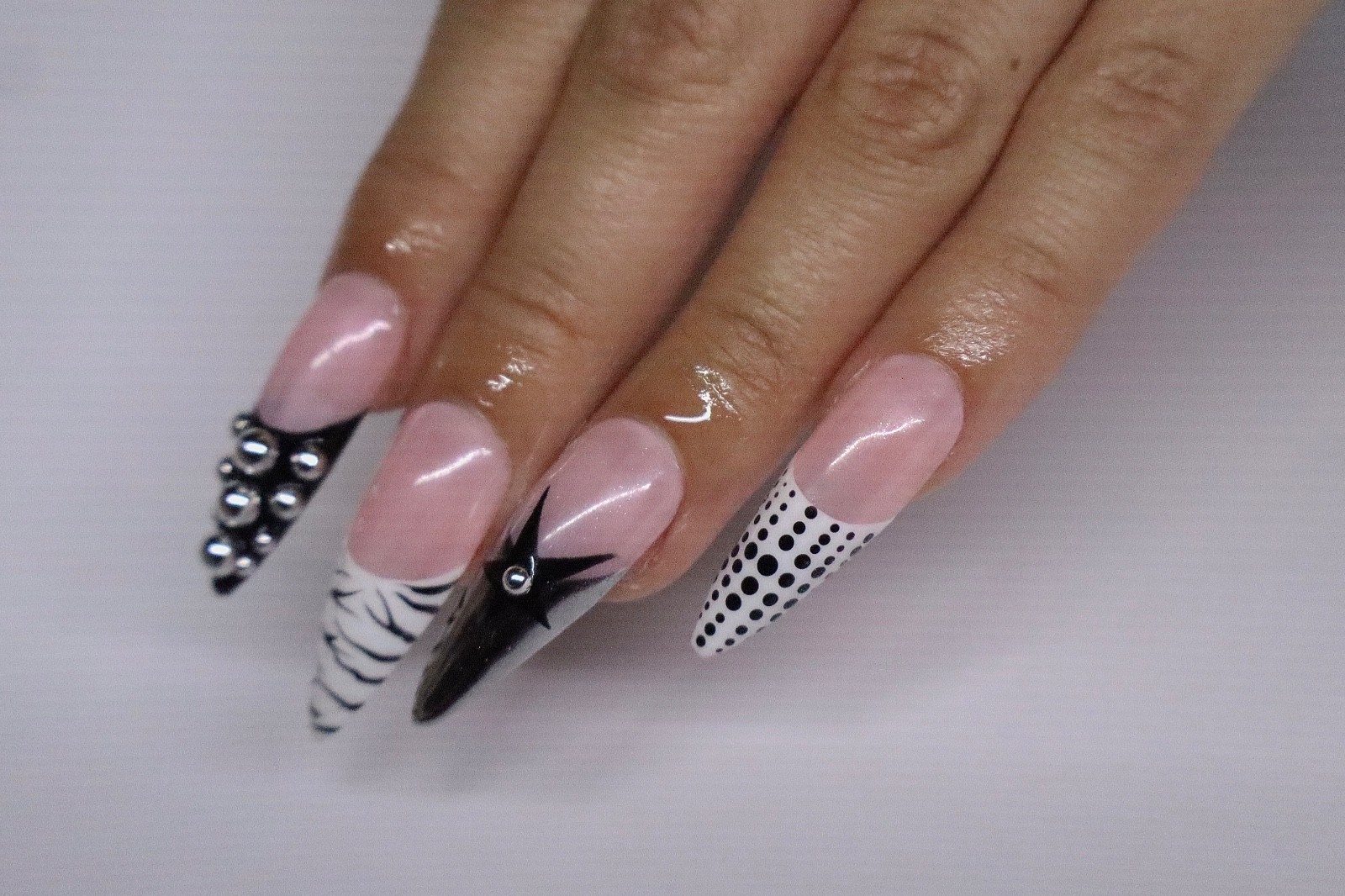 Handmade Press On Nails Black Silver White Stars Long Stiletto Reusable