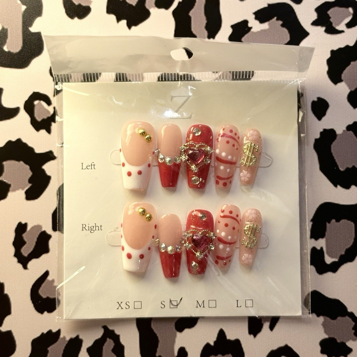 Press-On Nails Pink Red White 3D Heart Rhinestone Pre-Designed Short Square