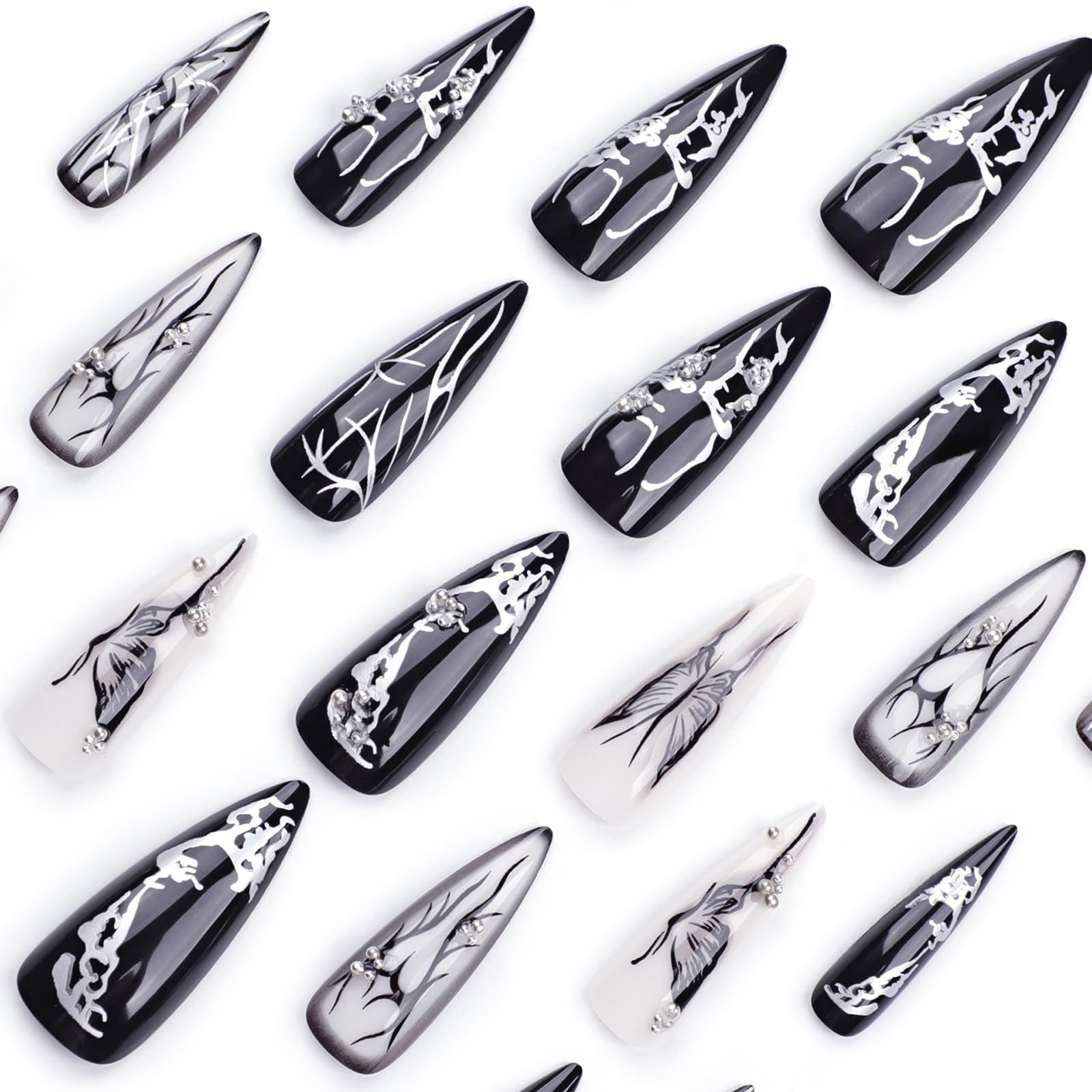 Press on Nails – Long Stiletto Glue on Nails with Goth Black, Acrylic Gothic …