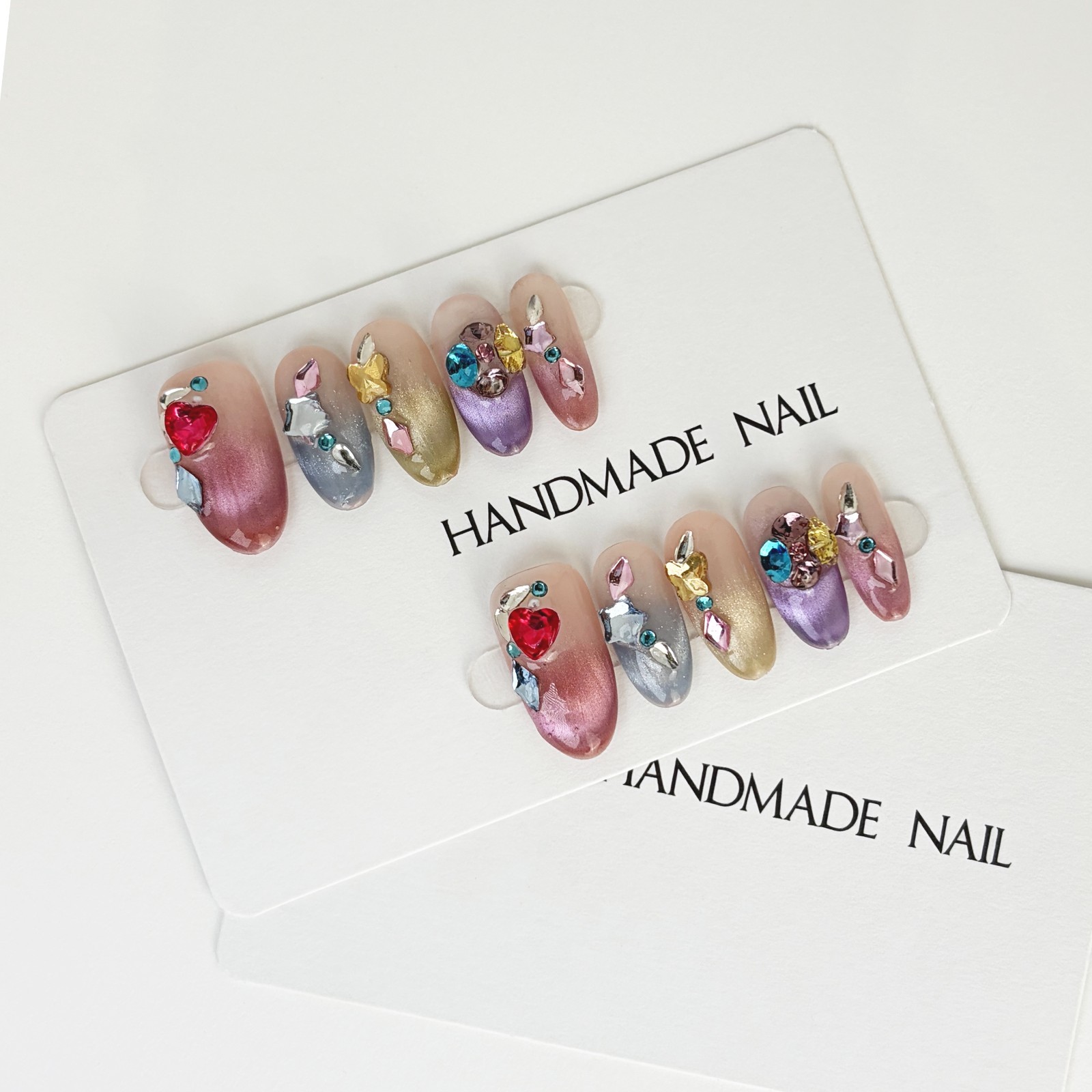 Rainbow Sugar Diamond Press-On Nails Medium Oval Sweet Cool Style Handmade Set