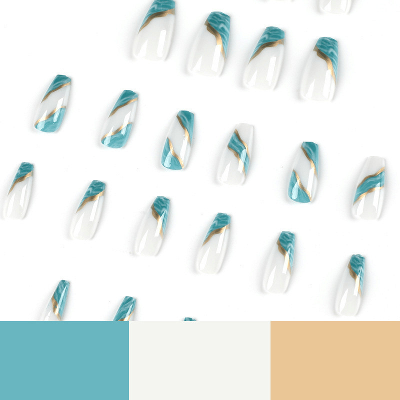 48Pcs-Long Coffin Milky White Base Teal Marble Gold Foil Line Press on Nails