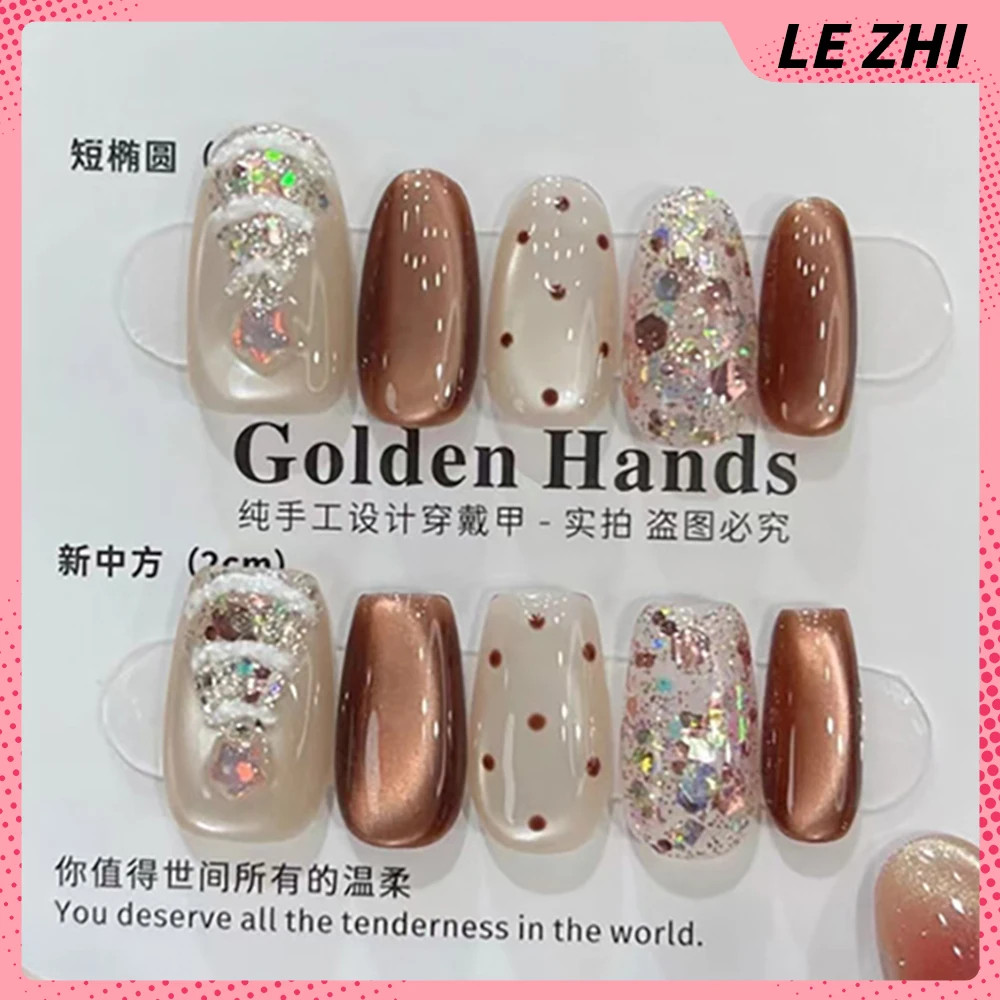10Pcs Handmade Press on Nails Short Square Round Cat Eyes Sequins Diamond Bow