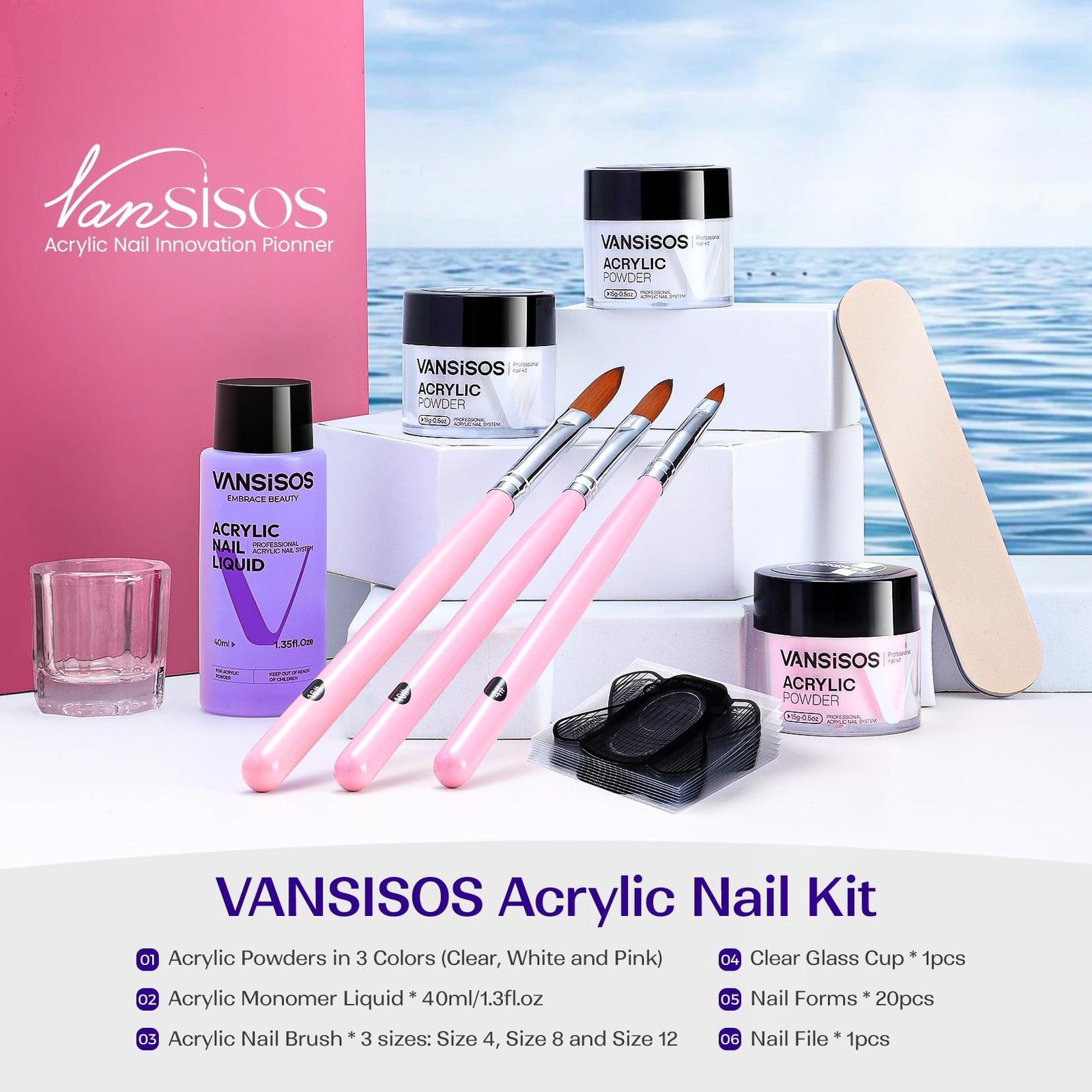 VANSISOS Acrylic Nail Kit for Beginners Clear White Pink Powder and Liquid Se…