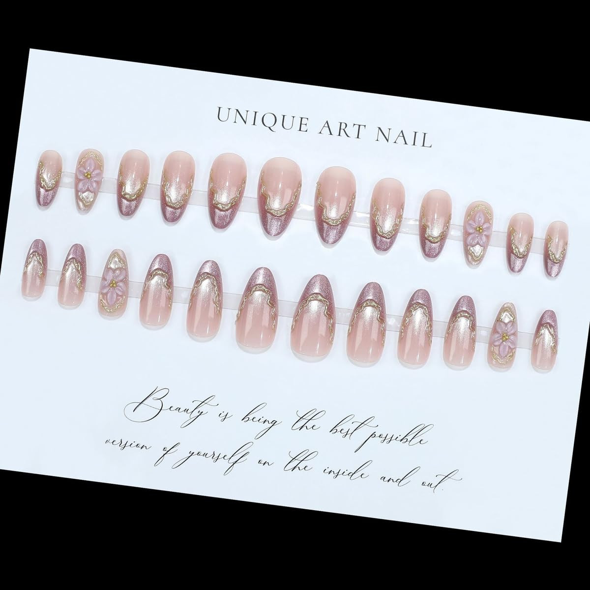 Purple Cat Eye French Tip Press on Nails Almond 3D Gold & Flowers | Medium Gloss
